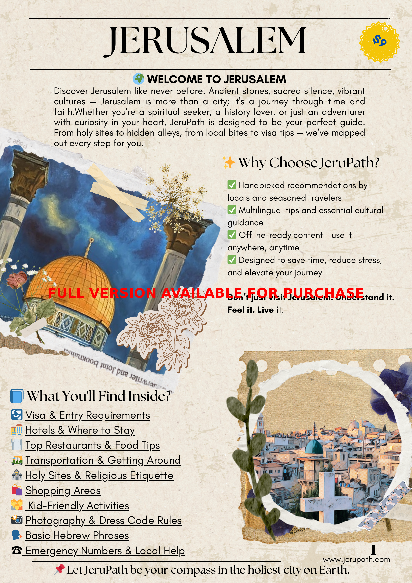 JeruPath travel guide cover page showing Jerusalem's holy sites and travel tips