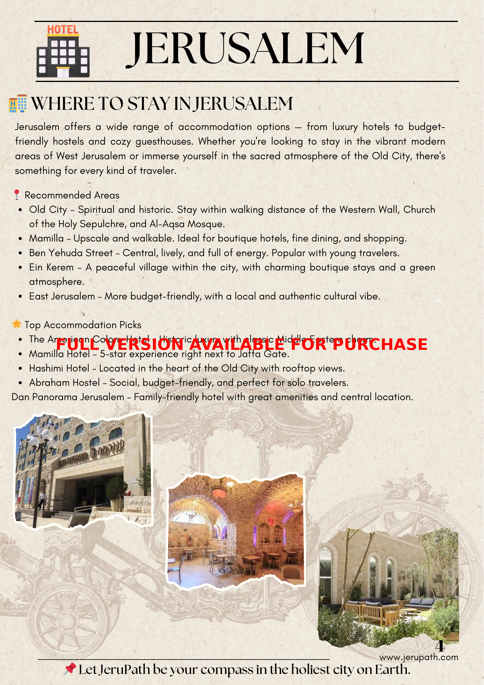 JeruPath guide featuring top-rated hotels and accommodation options in Jerusalem